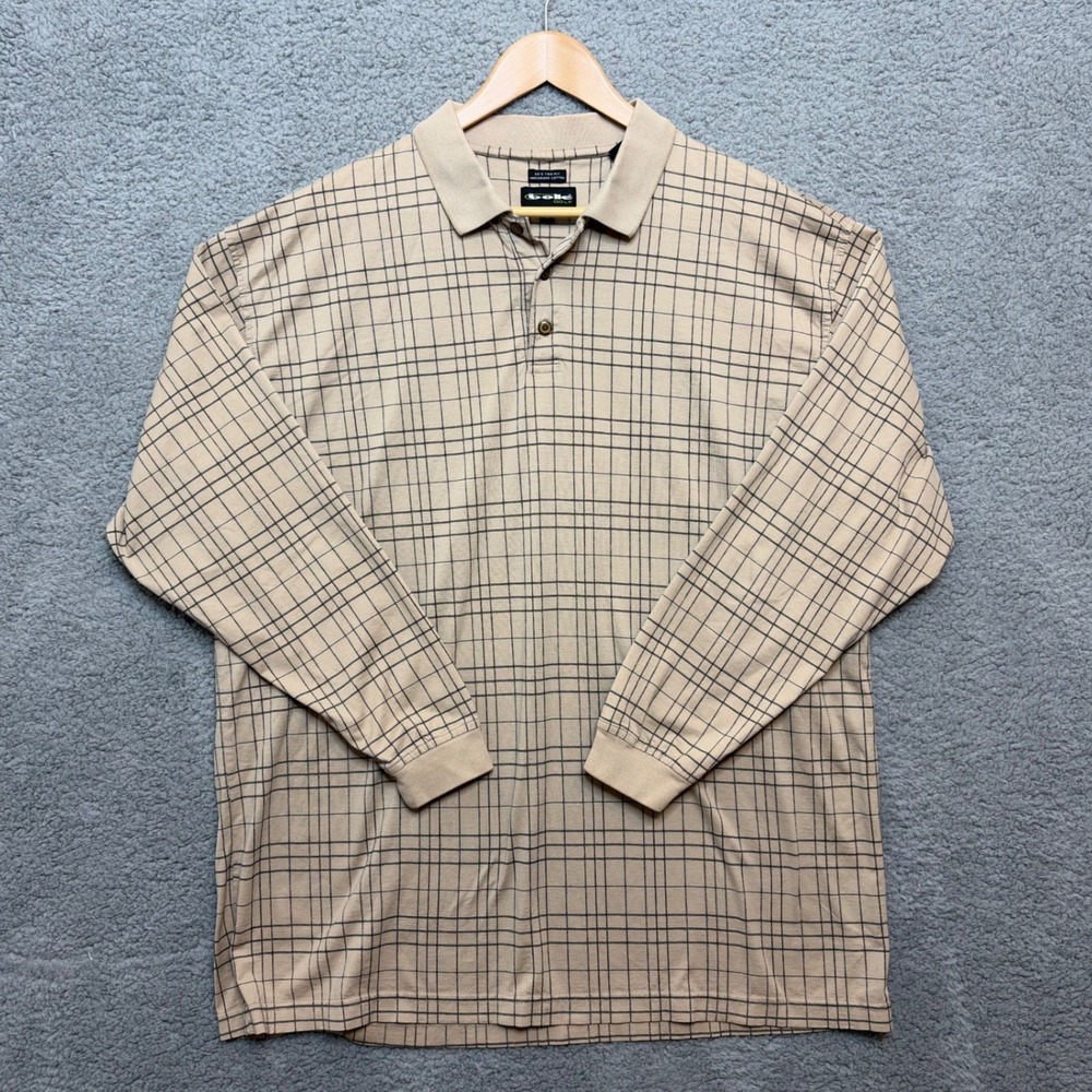 Bolle Golf Polo Shirt Men XL Beige Plaid 60s 2-Ply Mercerized Cotton Long Sleeve